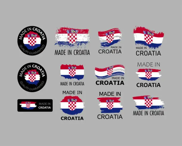 Vector illustration of Set of stickers. Made in Croatia. Brush strokes shaped with Croatian flag. Factory, manufacturing and production country concept. Design element for label and packaging. Vector colorful illustration.