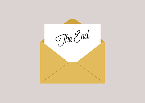 A blank sheet of white paper in a yellow envelope, The End sign, a copy space template