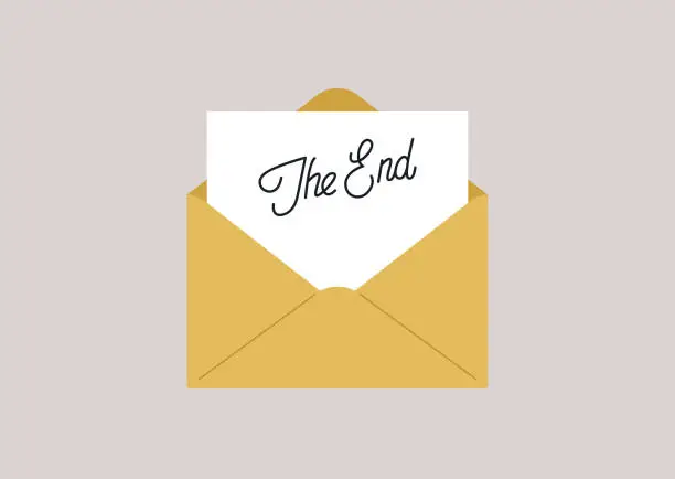 Vector illustration of A blank sheet of white paper in a yellow envelope, The End sign, a copy space template