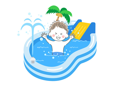 Illustration of a boy in a swimsuit playing in a vinyl pool with a slide for children at home.