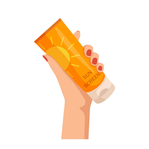 ilustrações de stock, clip art, desenhos animados e ícones de female hand holding sunscreen. sun protection cream or lotion  in a tube. vector illustration in flat style isolated on white background. - spray tan body human skin