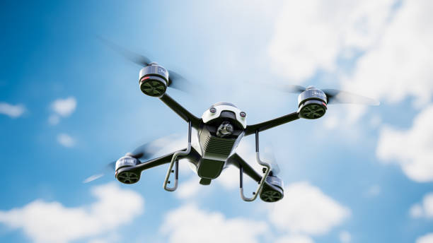 Drone white color flying close-up. Drone white color flying close-up. taken from below while the sky is clear. 3D Render. drone stock pictures, royalty-free photos & images