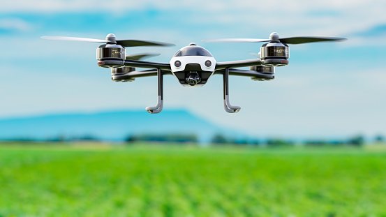 Drone white color flying close-up in the green corn field. 3D Render.