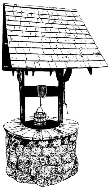 Wishing well isolated wishing or water well vector illustration in black on white background old water well drawing stock illustrations