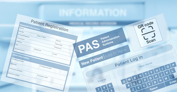 PAS or Patient administration system screen and blank medical record form showing on blue tone of hospital information counter for medical and health background.