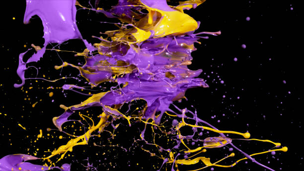 istock Mix yellow purple liquid splashes, swirl and waves with scatter drops 1401449027