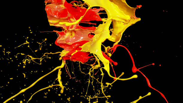 istock Mix yellow red liquid splashes, swirl and waves with scatter drops 1401449073