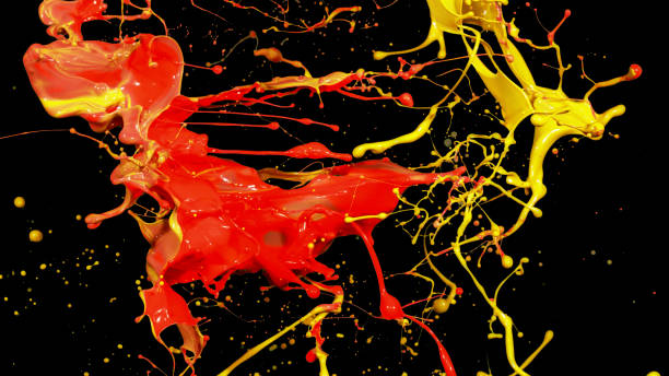 istock Mix yellow red liquid splashes, swirl and waves with scatter drops 1401449076