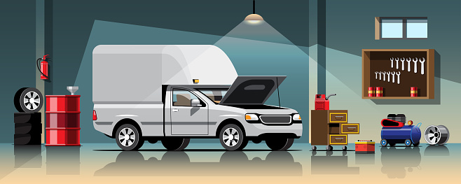 Automobile repair and maintenance service concept vector illustration. waiting for checking and repairing cars in the garage. vector illustration flat design