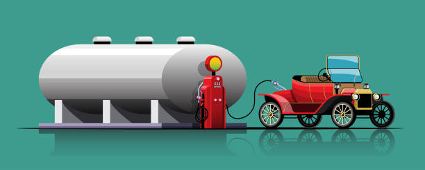 illustrazioni stock, clip art, cartoni animati e icone di tendenza di auto d'epoca che si riempie al serbatoio dell'olio illustrazione vettoriale - engine oil oil oil industry cartoon