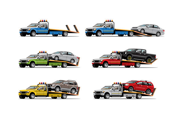 ilustraciones, imágenes clip art, dibujos animados e iconos de stock de conjunto de remolque de automóviles transporte de automóviles transporte de automóviles ilustración vectorial - towing tow truck truck semi truck