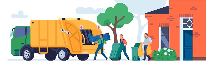 Garbage transportation workers. Scavengers take bins. Janitors loading trash into truck. Household waste. Municipal rubbish service. Dustmen carry bags and containers. Litter transport. Vector concept