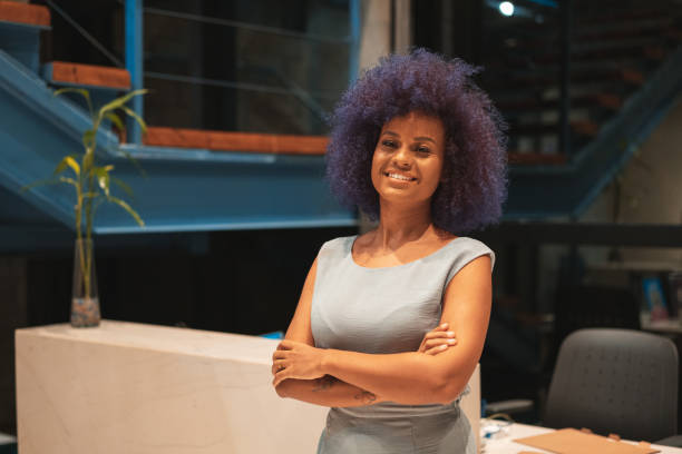 Portrait of afro entrepreneur woman Women, Looking at Camera, Laughing, Workplace, Purple hair purple hair stock pictures, royalty-free photos & images