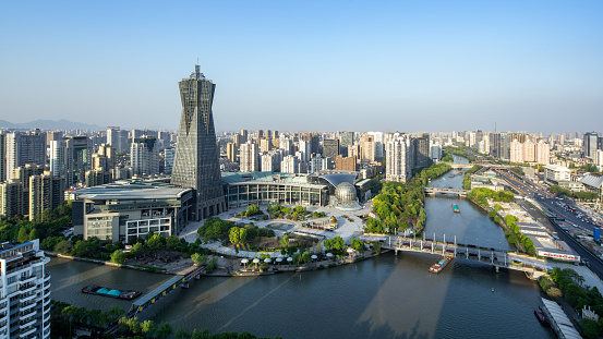 modern cityscape along jinghang canal in midtown of hangzhou