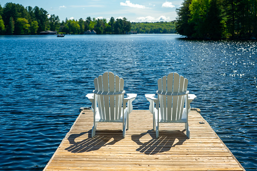 Blue chairs overlooking the water at Lunenburg Harbour