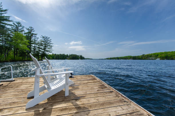 istock Side view of two white Adirondack chairs 1401452104