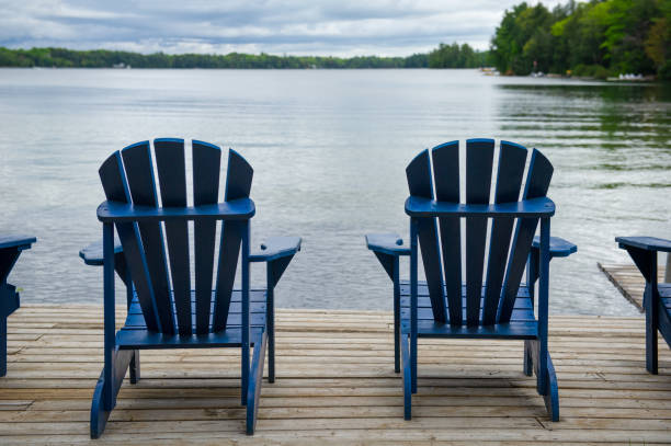 istock Close up of two blue Adirondack chairs 1401452106