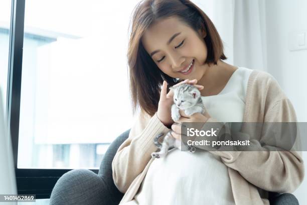 子猫を妊娠している若いアジアの肖像画