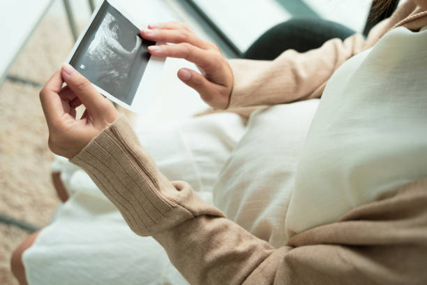 mulher grávida mostrando foto de ultrassom em casa - fetus - fotografias e filmes do acervo