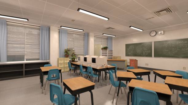 classroom of the school without student and teacher 3d illustration 3D illustration classroom of the school without student and teacher empty desk in classroom stock pictures, royalty-free photos & images