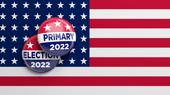 2020 Presidential Election written ballot box sitting over US State Border map textured with American flag. Great use for 2020 US Presidential Election and USA related concepts.