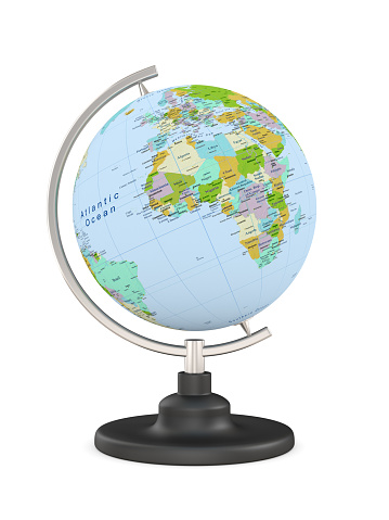 Glass sphere with world map etched on it, with the Americas prominent.
