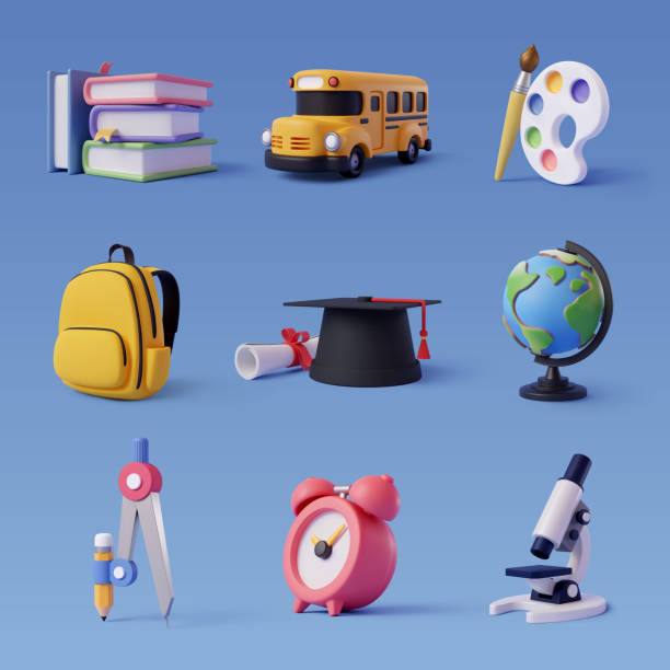 istock Collection of 3d back to school icon isolated on blue, Education and online class concept 1401470374
