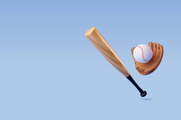 ilustraciones, imágenes clip art, dibujos animados e iconos de stock de 3d vector baseball bat, ball and leather glove, sport and game competition concept. - glove