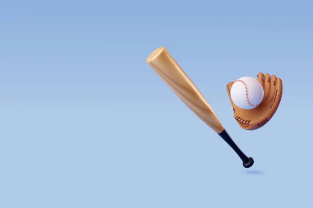 Vector illustration of 3d Vector Baseball Bat, Ball and Leather Glove, Sport and Game competition concept.