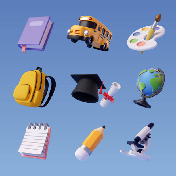 illustrazioni stock, clip art, cartoni animati e icone di tendenza di collezione di icone 3d back to school isolate su blu, istruzione e concetto di classe online - isolated objects illustrations