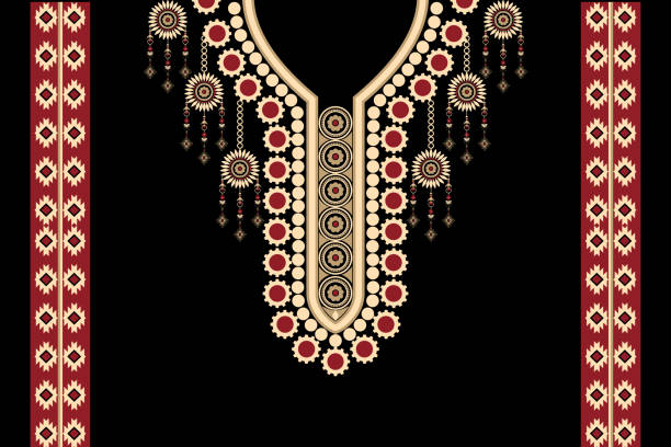 Beautiful neckline embroidery pattern. Beautiful figure tribal necklace floral geometric ethnic pattern traditional on black background.Aztec style embroidery abstract vector illustration.design for texture,fabric,fashion women wearing. slavic culture stock illustrations