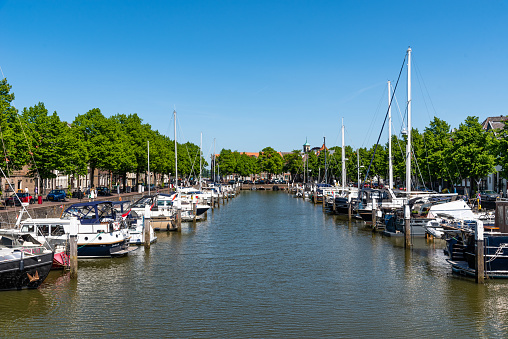 Dordrecht, Netherlands - May 8, 2022: Scenic view of the harbour of Dordrecht.