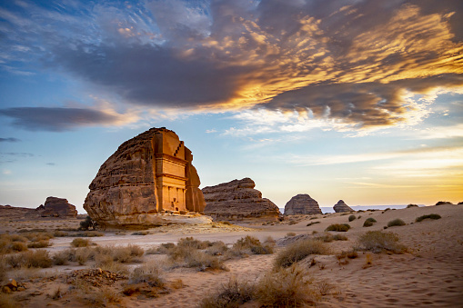 Sunset portrait of tomb of Lihyan, son of Kuza, in Hegra