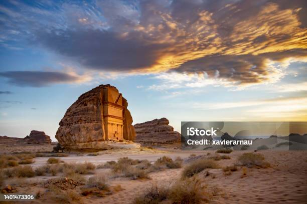 Sunset Portrait Of Tomb Of Lihyan Son Of Kuza In Hegra Stock Photo - Download Image Now