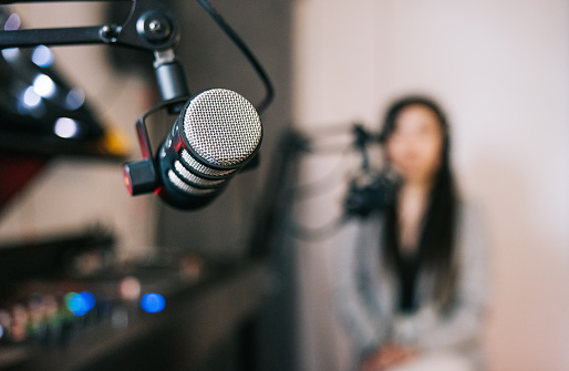 Radio station microphone in recording studio