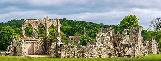 The magnificent 12th century ruins of Bayham old abbey on the Kent East Sussex border in the south east of England UK