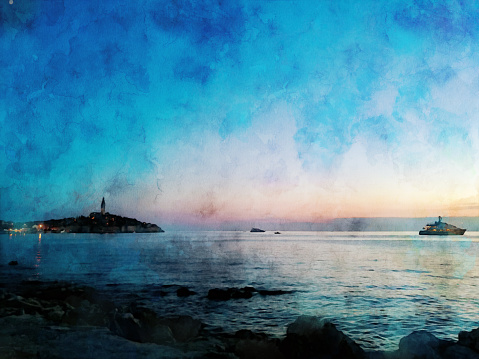 Large View of the rocky coast and the old town (the church of St. Euphemia) of Rovinj in Croatia after sunset in the background. Watercolor Painting effect with Photoshop on a photo.