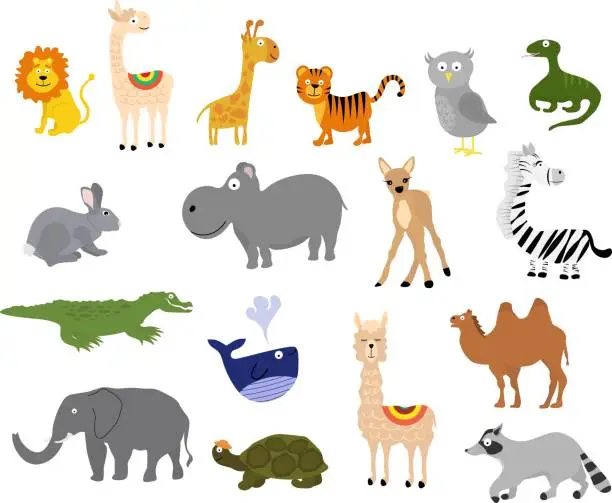 Vector illustration of Collection of different animals. Vector set - elephant and giraffe, crocodile, owl, zebra and others.