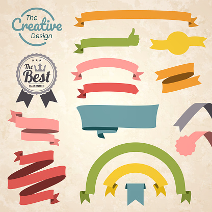Set of Vintage multicolored ribbons, banners, badges and labels (Red, orange, yellow, green, blue, gray, pink), isolated on a brown retro background with an effect of old textured paper. Elements for your design, with space for your text. Vector Illustration (EPS10, well layered and grouped). Easy to edit, manipulate, resize or colorize.