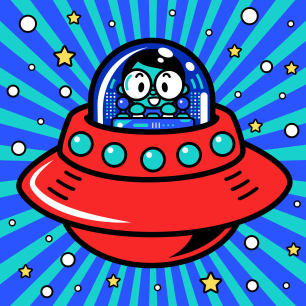 ein süßer astronaut steuert ein unlimited power-raumschiff oder ufo in das metaversum - driving speed humor video game stock-grafiken, -clipart, -cartoons und -symbole