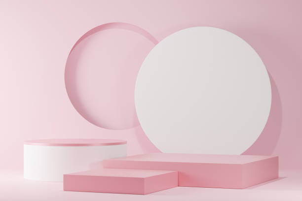 istock 3d background products Show pedestal scenes with geometric platforms pink background. with podium. Stand to display cosmetic products on stage. 3d render, 3d illustration 1401477174
