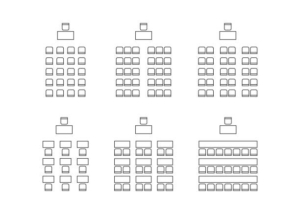 illustrazioni stock, clip art, cartoni animati e icone di tendenza di set di piano per la disposizione dei posti all'interno, auditorium con spettatori di luogo, aula, teatro, aula magna, elementi di contorno del layout. schema sedie e tavoli icone. mobili vista dall'alto. linea vettoriale - lecture hall university seminar silhouette