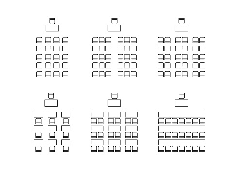 Set of plan for arranging seats in interior, auditorium with place spectators, classroom, theater, lecture hall, layout outline elements. Scheme chairs and tables icons. Furniture top view. Vector