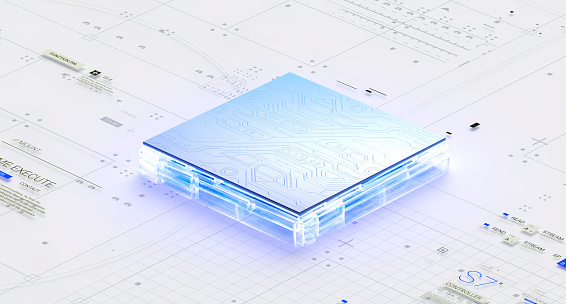 3D rendering of cyberpunk AI. Circuit board. Technology background. Central Computer Processors CPU and GPU concept. Motherboard digital chip. Tech science background.