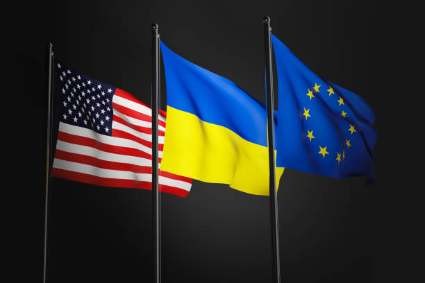 european union, ukraine and usa flags in the wind, 3d rendered illustration. - allied forces imagens e fotografias de stock