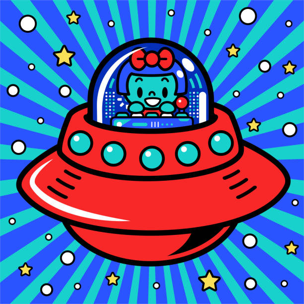 ein süßes astronautenmädchen steuert ein unlimited power-raumschiff oder ufo in das metaversum - driving speed humor video game stock-grafiken, -clipart, -cartoons und -symbole