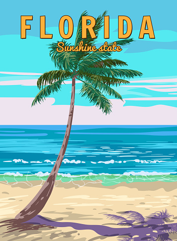 Florida Beach Retro Poster. Palm on the beach, coast, surf, ocean. Vector illustration vintage style isolated