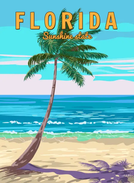 Vector illustration of Florida Beach Retro Poster. Palm on the beach, coast, surf, ocean. Vector illustration vintage