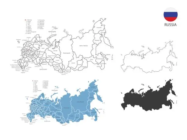 Vector illustration of 4 style of Russia map vector illustration have all province and mark the capital city of Russia. By thin black outline simplicity style and dark shadow style. Isolated on white background.