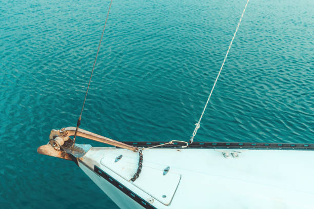 istock Fishing boat bow in seaside marina 1401480112
